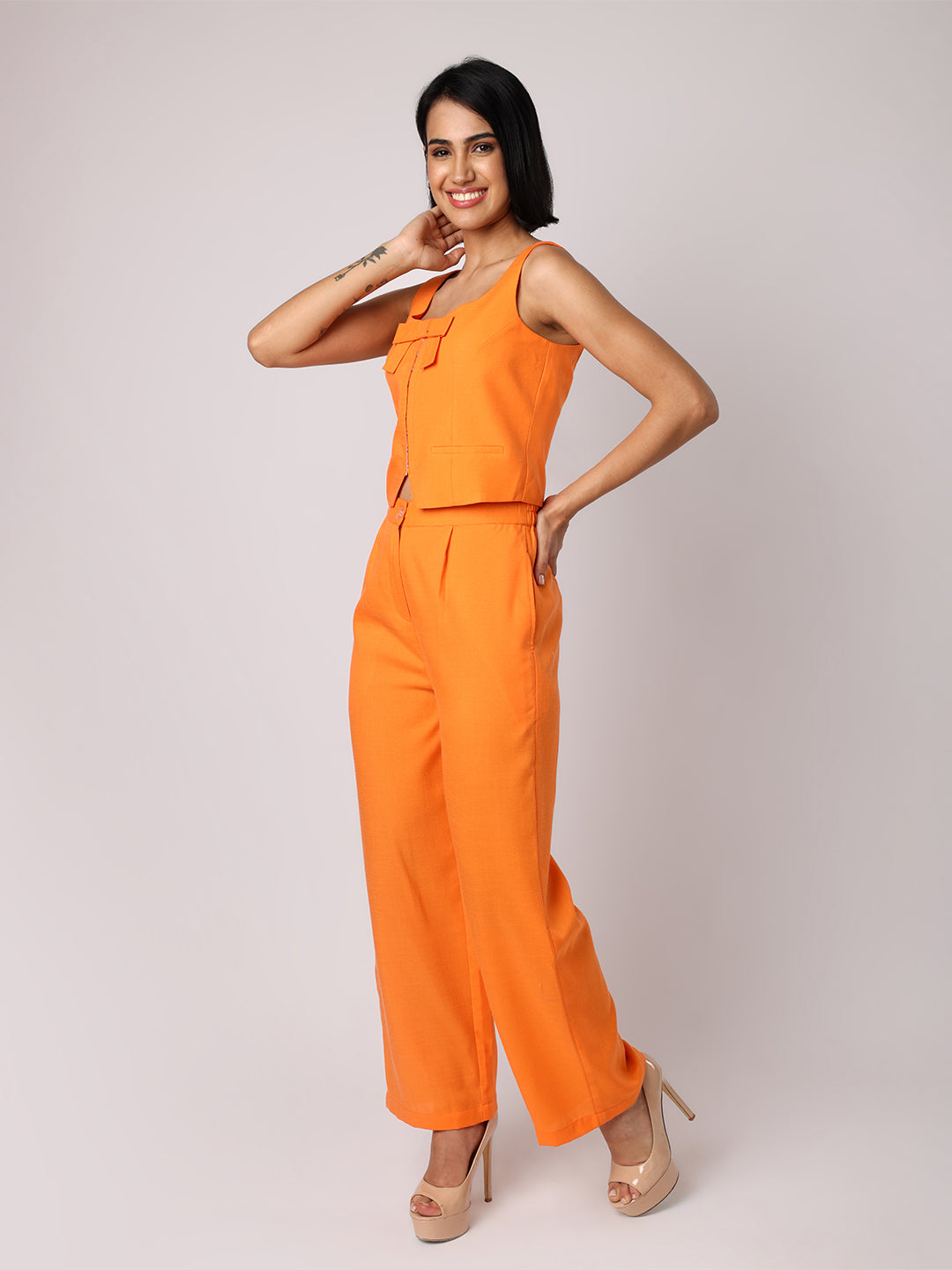 BLANC9 Women Orange Waist Coat With Bow & Trousers
