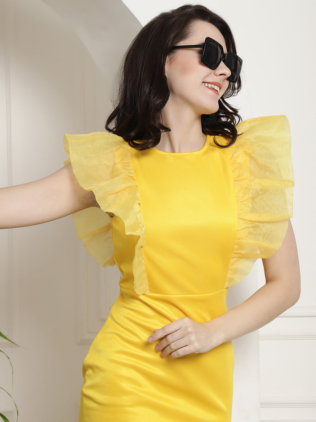 BLANC9 Yellow Dress With Organza Frills-B9DR167