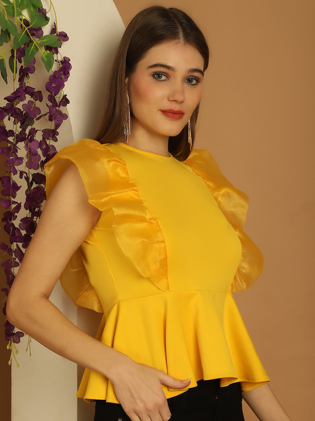 BLANC9 Yellow Peplum Top With Organza Frills-B9TP174Y