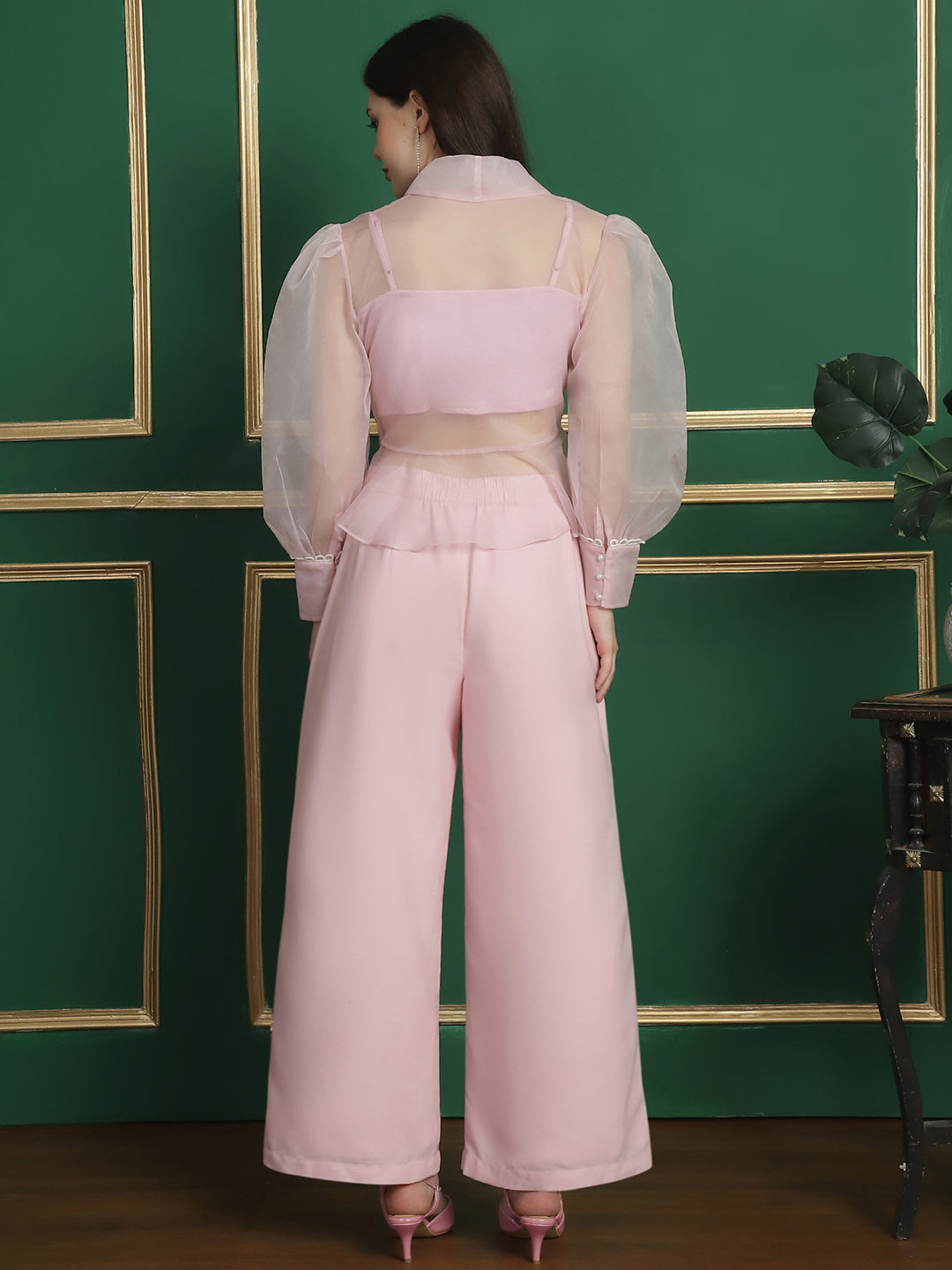 Baby Pink 3 Pc Organza Embellished Top with Cami & Trouser