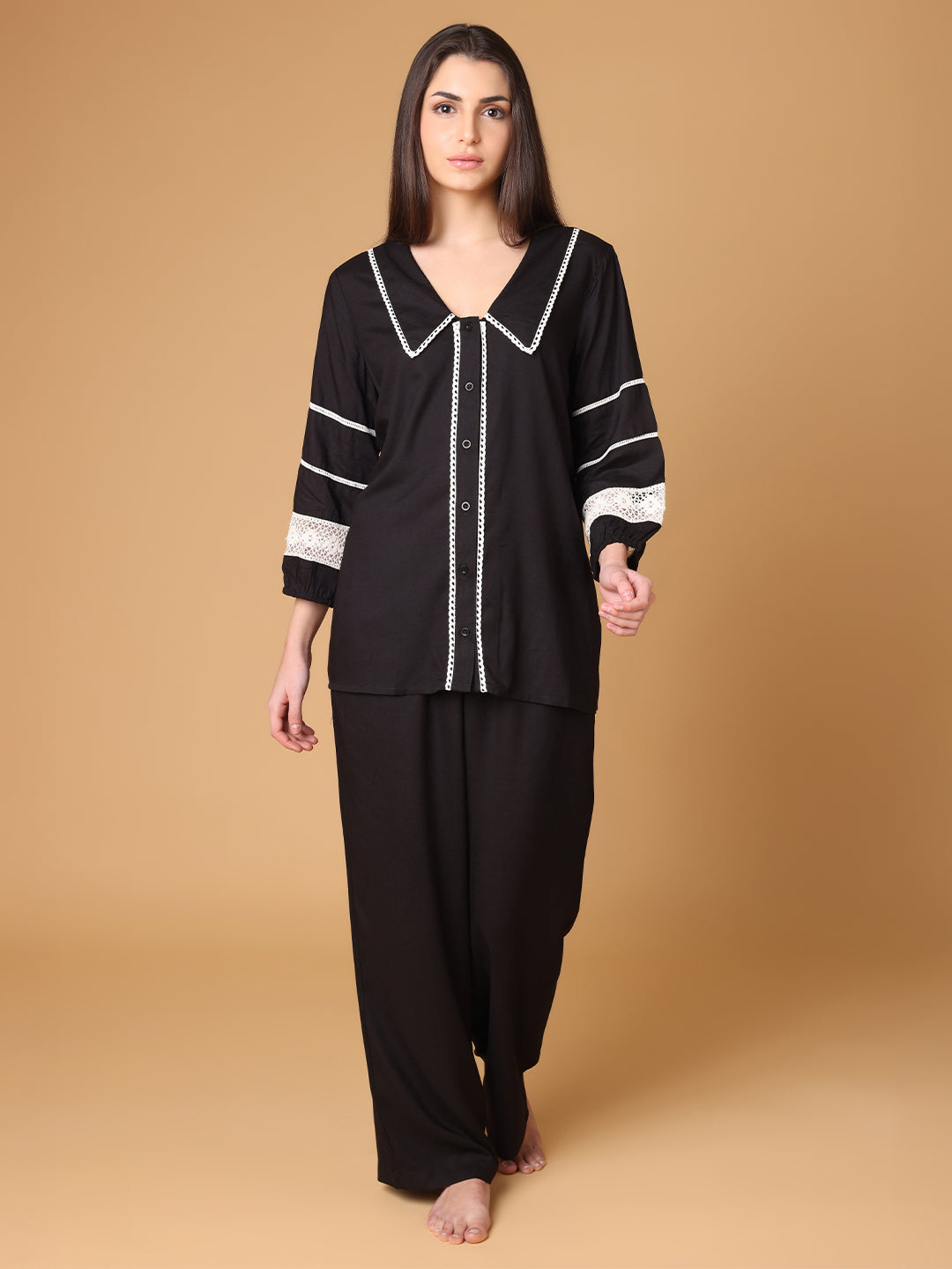 Black Collared Nightwear With Lace Inserts In Sleeves
