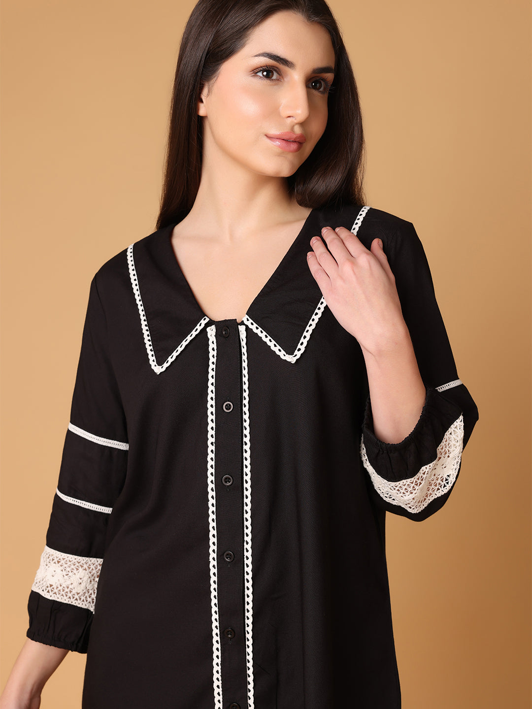 Black Collared Nightwear With Lace Inserts In Sleeves
