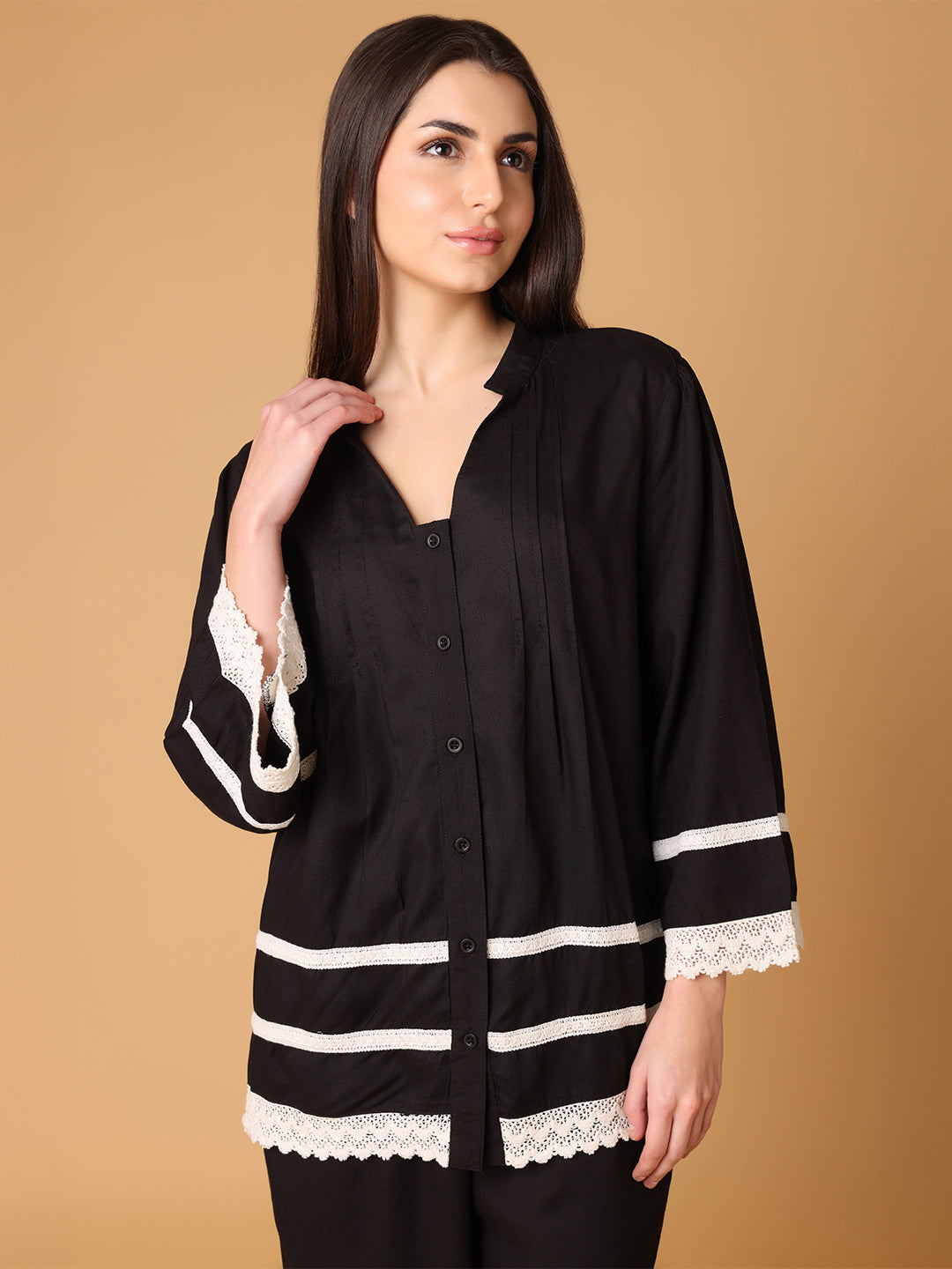 Black Nightwear with Lace Detail At Sleeves And Hem