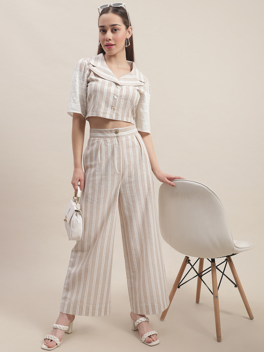 Blanc9 Beige Crop Top With Pants Co-Ord Set