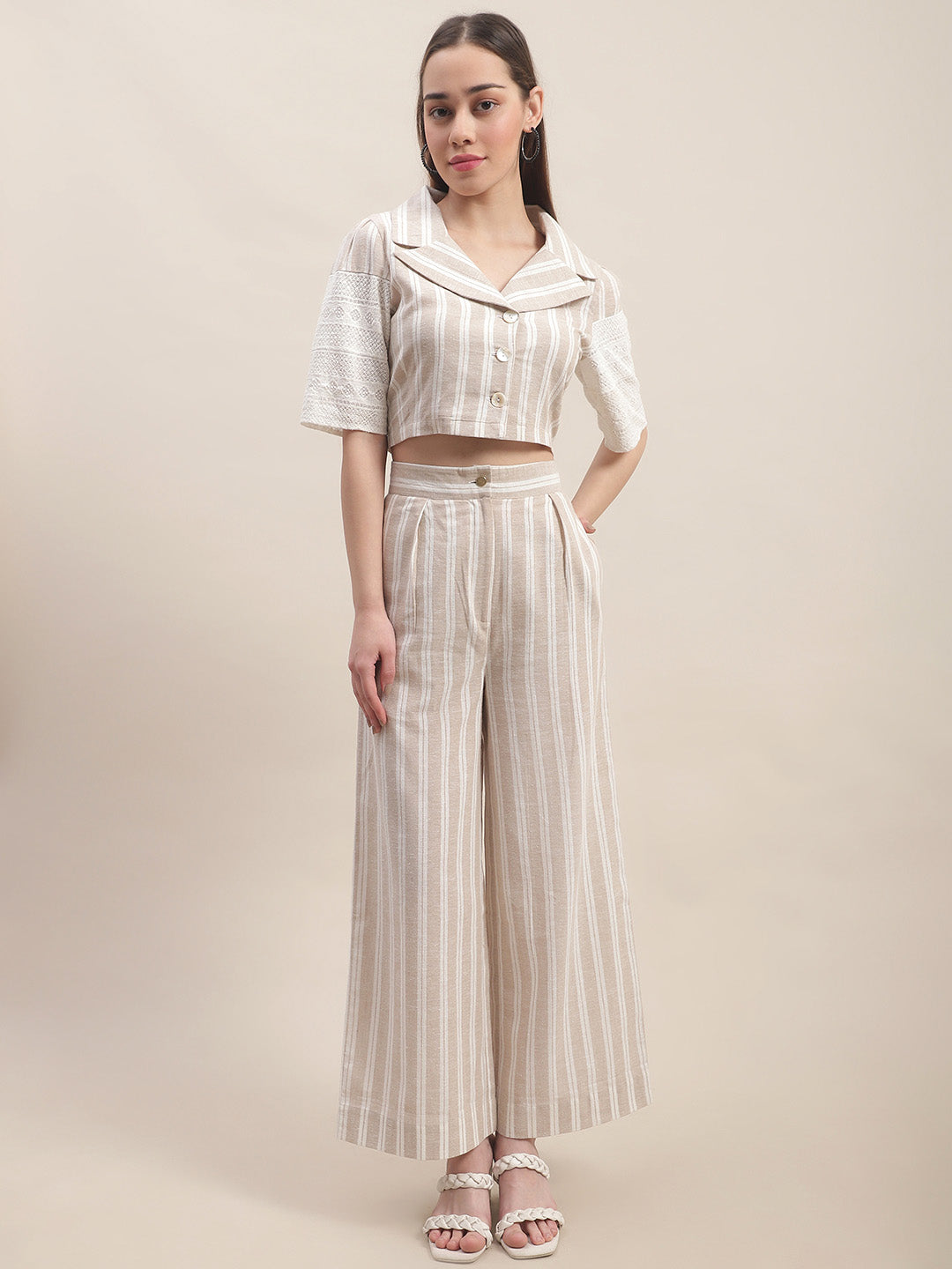 Blanc9 Beige Crop Top With Pants Co-Ord Set