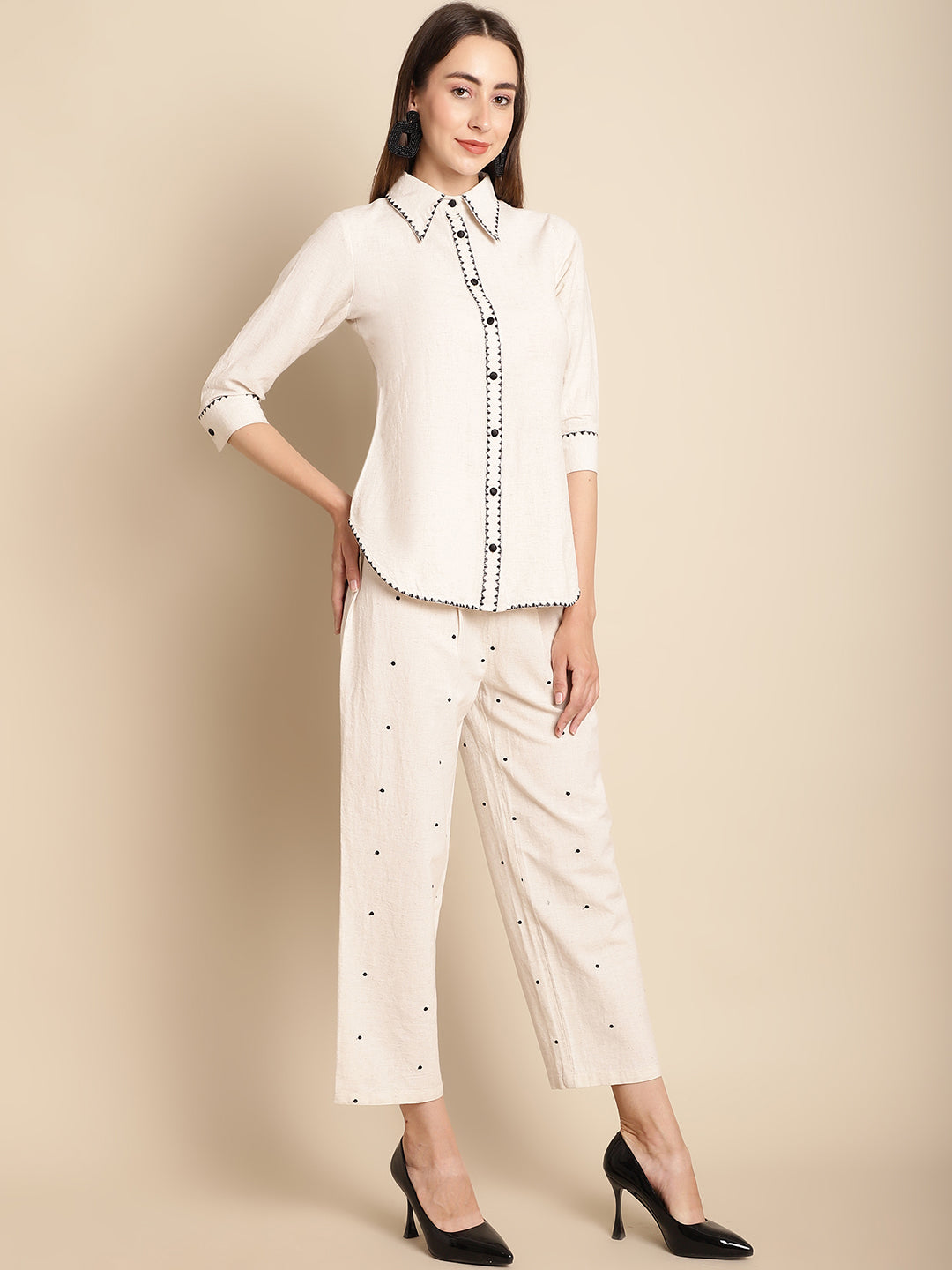 Blanc9 Beige Embroidered Co-Ord Set-B9ST134