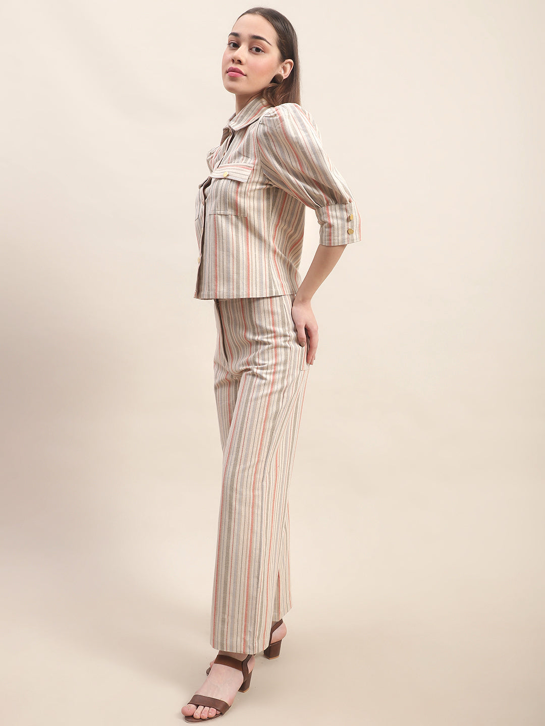Blanc9 Beige Co-Ord Set With Multicolored Stripes