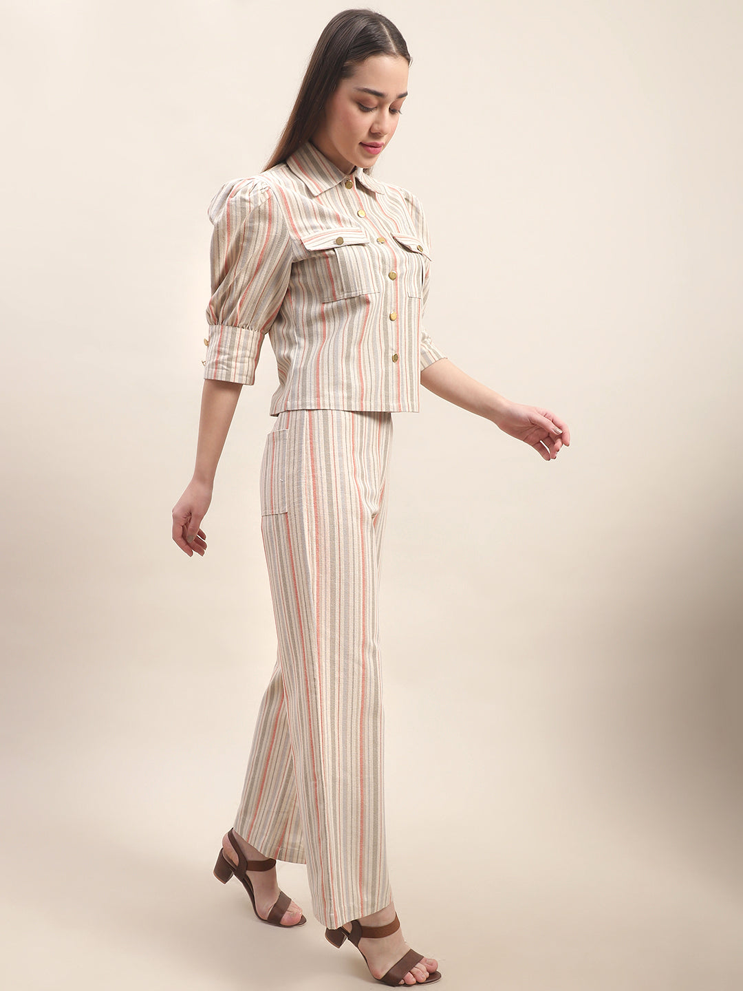 Blanc9 Beige Co-Ord Set With Multicolored Stripes