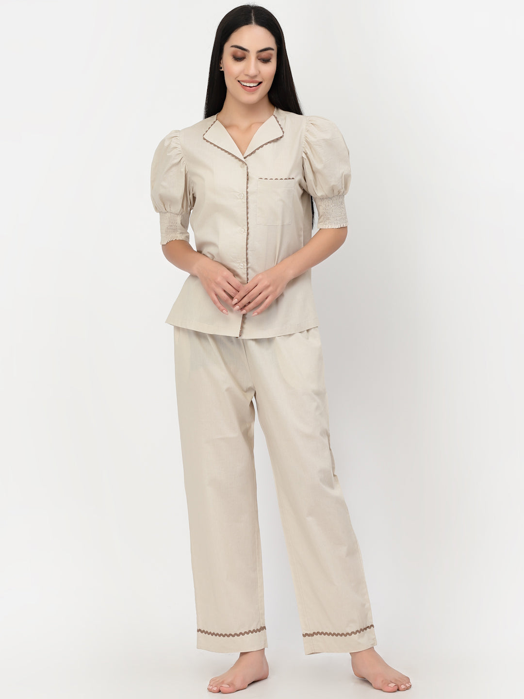 Blanc9 Beige With Light Brown Lace Cotton Pyjama Night Suit-B9NW33BG