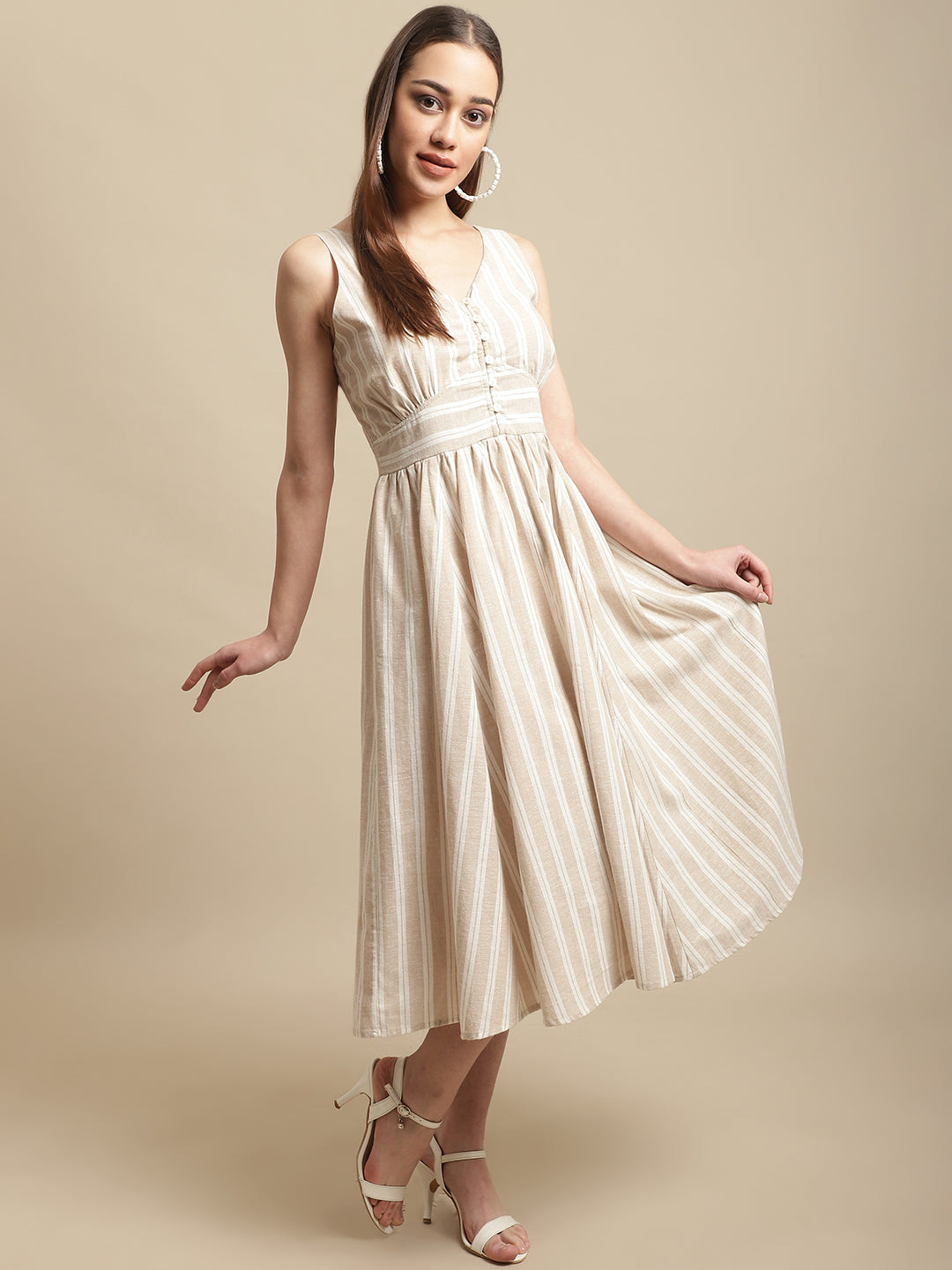 Blanc9 Beige With White Stripe Dress-B9DR137