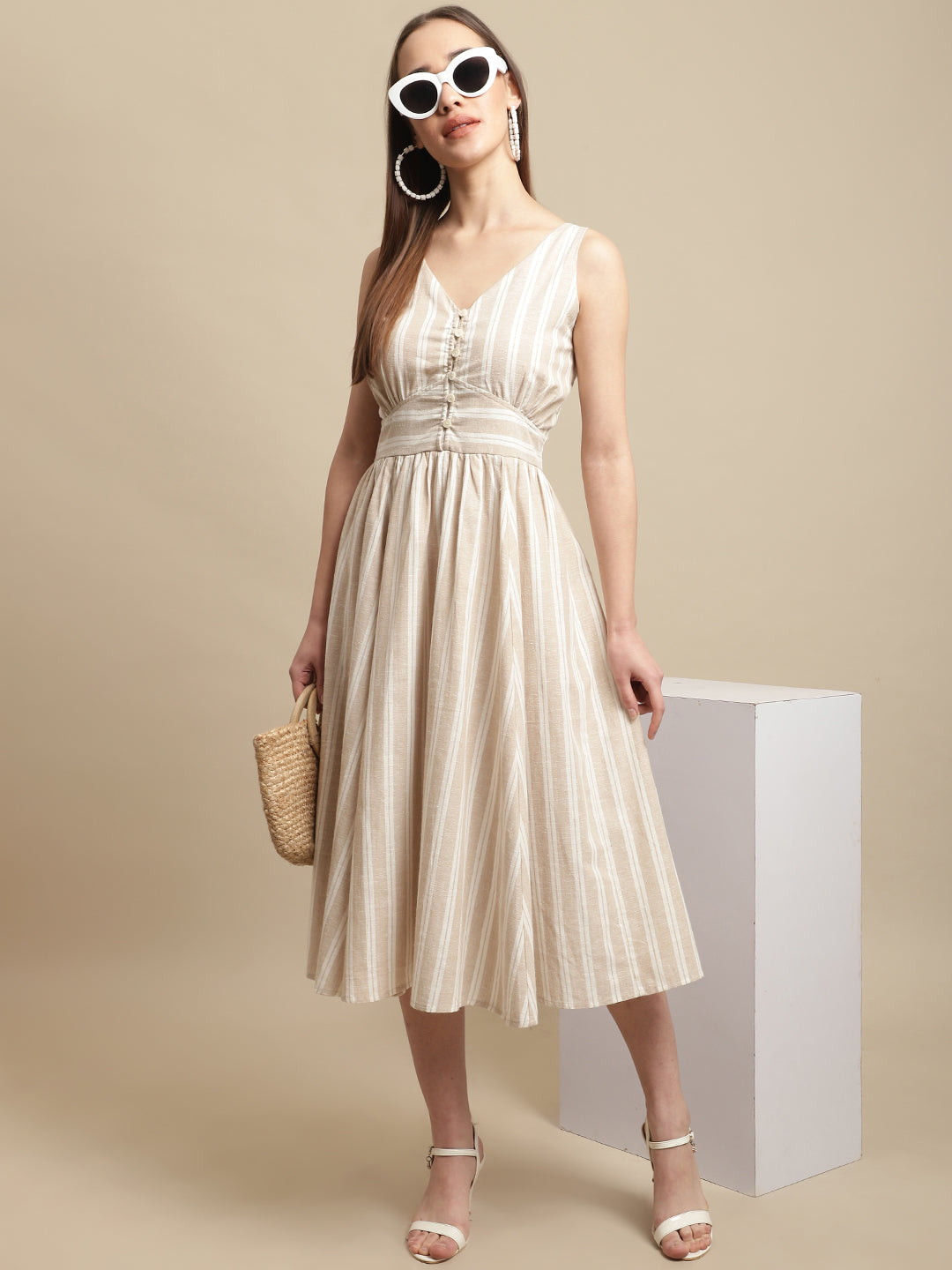Blanc9 Beige With White Stripe Dress-B9DR137
