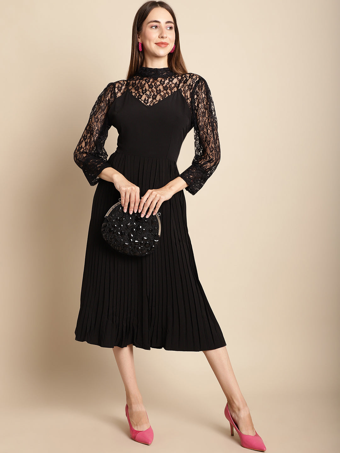 Blanc9 Black Flared Pleated Dress With Lace Top-B9DR123