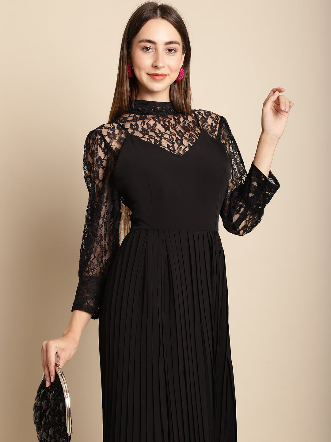 Blanc9 Black Flared Pleated Dress With Lace Top-B9DR123