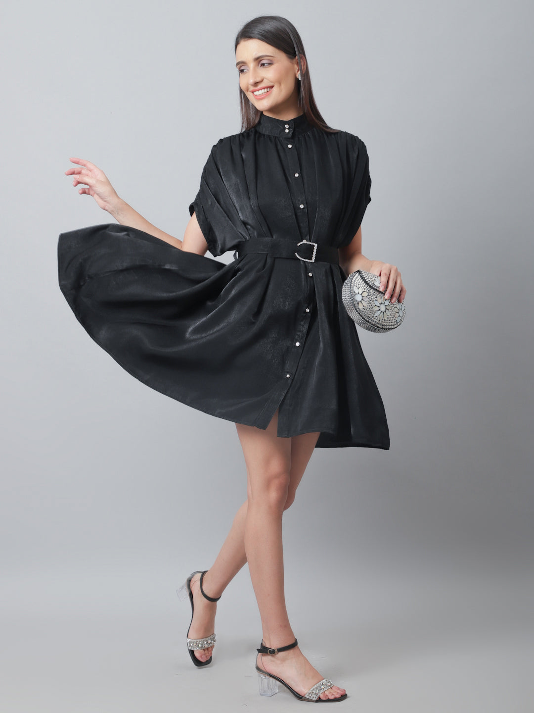 Blanc9 Black Satin Velvet Flared Dress-B9DR131