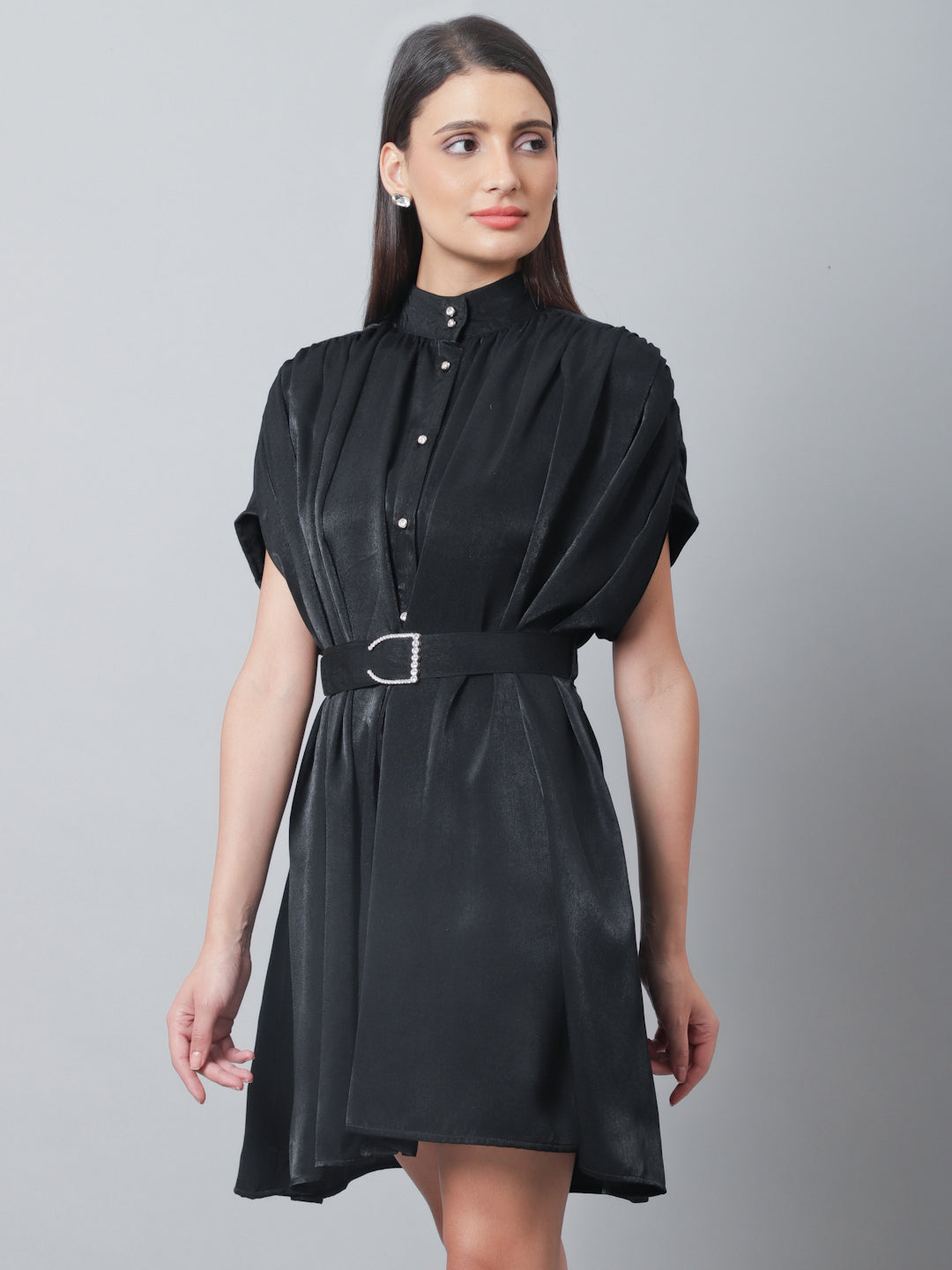 Blanc9 Black Satin Velvet Flared Dress-B9DR131