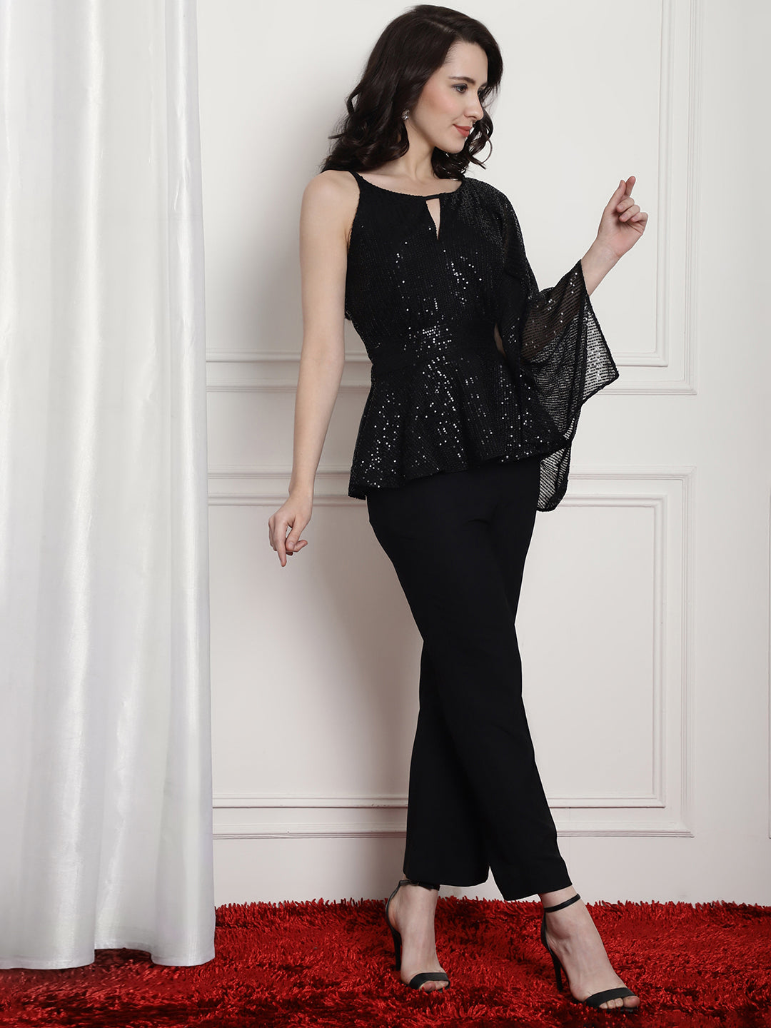Blanc9 Black Sequence Peplum Top With Trouser Black Co-Ord Sets-B9ST138
