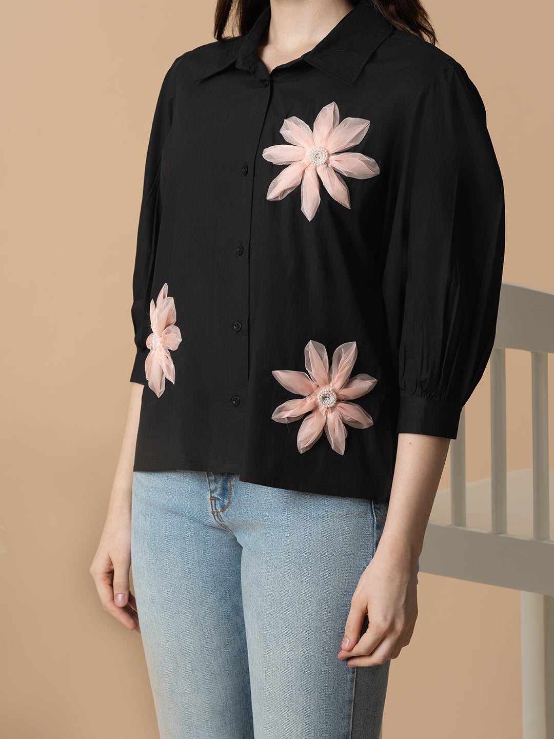 Blanc9 Black Shirt With 3D Pink Flowers