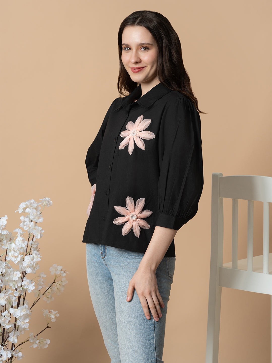 Blanc9 Black Shirt With 3D Pink Flowers