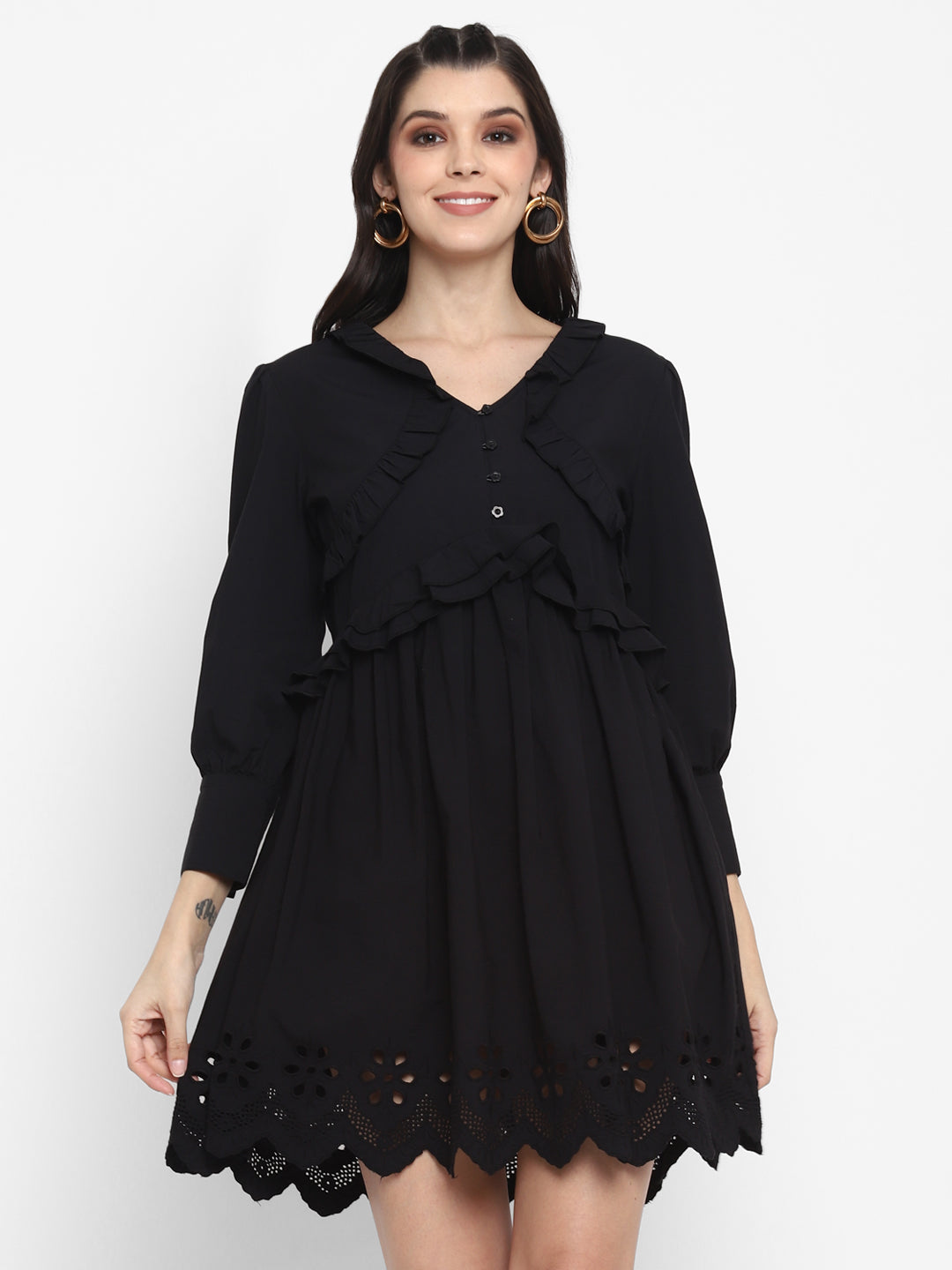 Blanc9 Frills & Schiffli Black Poplin Dress