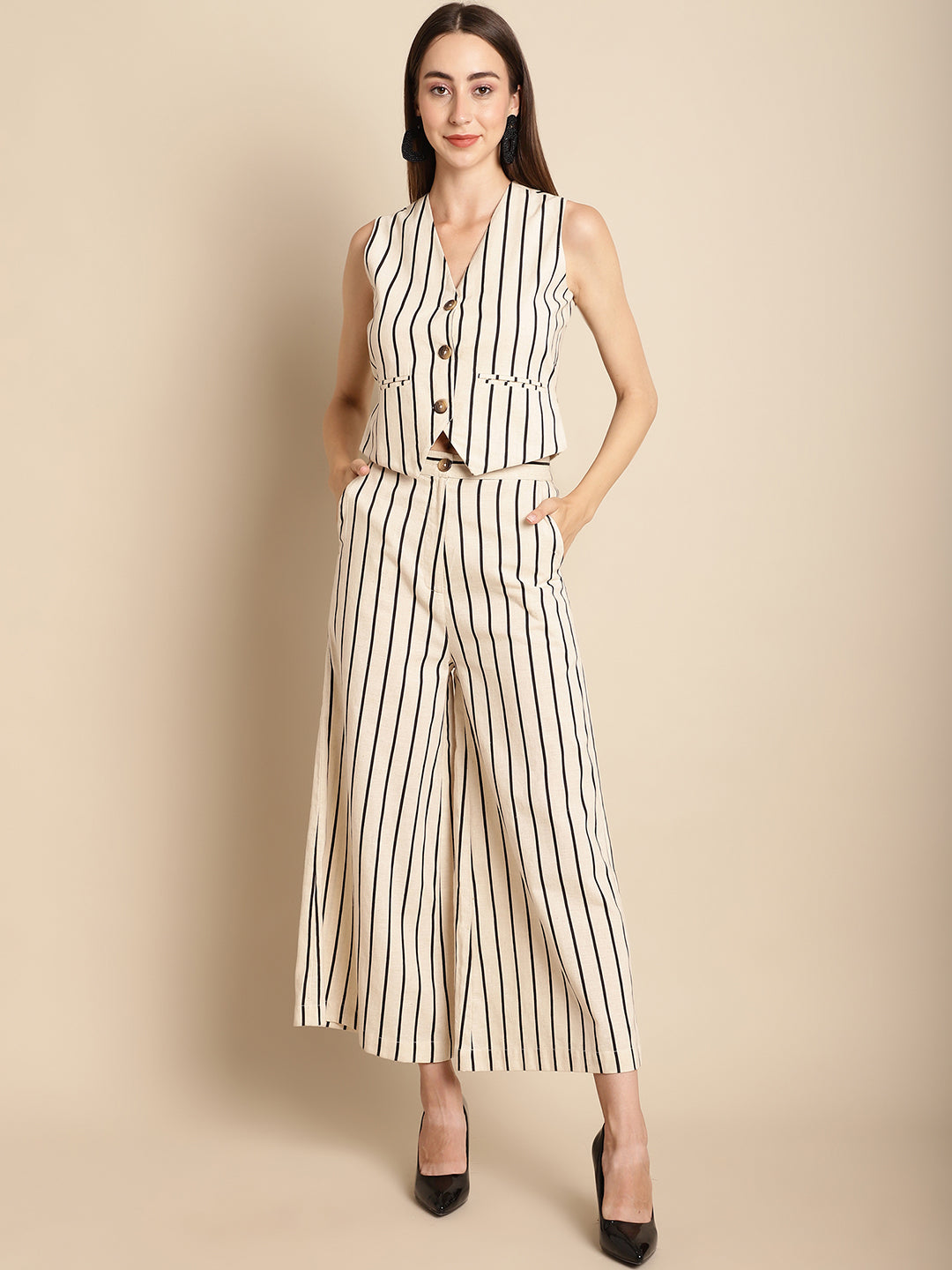 Blanc9  Black Stripe Beige Co-Ord Set-B9ST130
