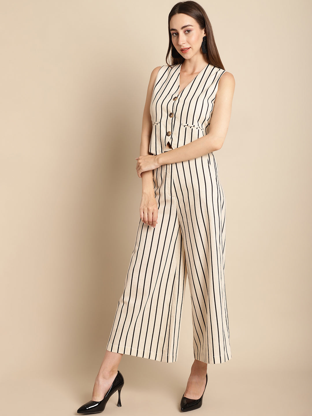 Blanc9  Black Stripe Beige Co-Ord Set-B9ST130