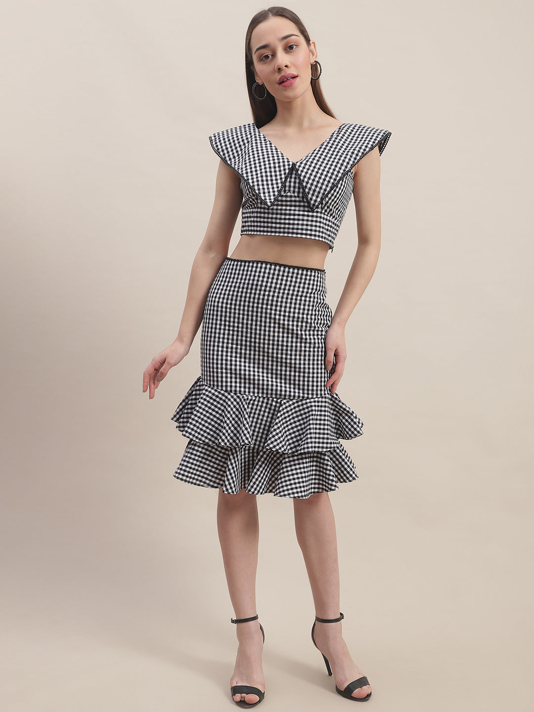 Blanc9 Black & White Checked Top With Skirt Co-Ord Set