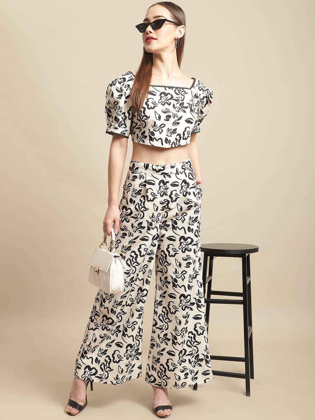 Blanc9 Black & White Crop Top With Pants Co-Ord Set