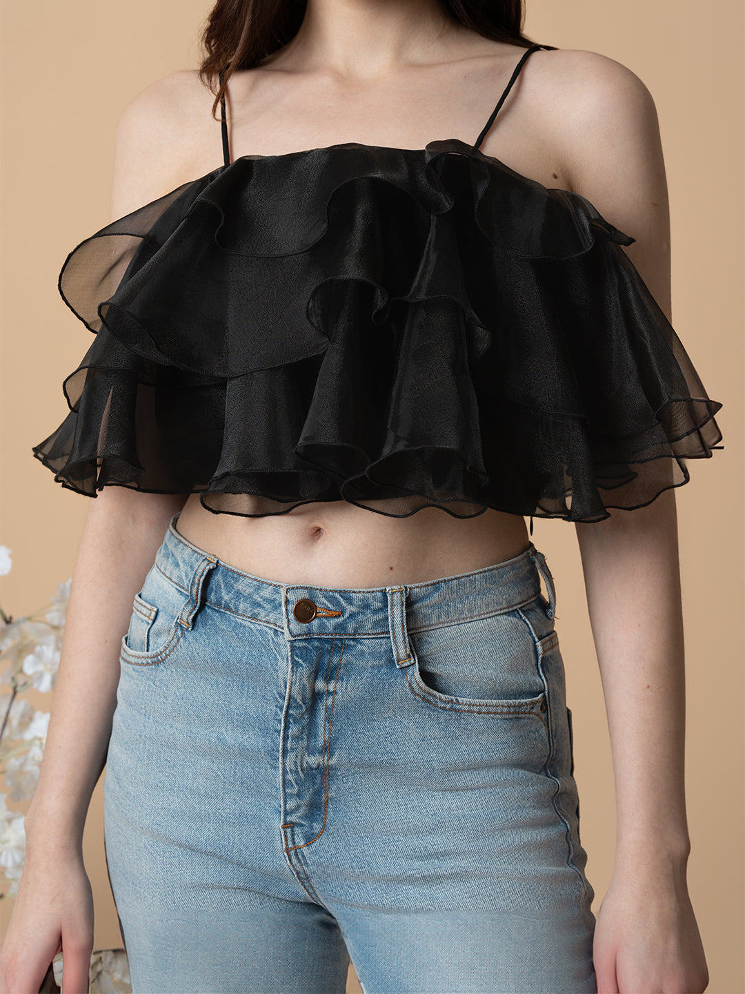 Blanc9 Black organza ruffle top