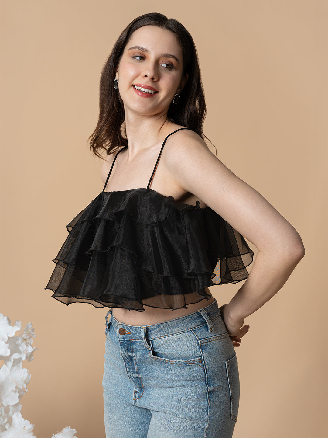 Blanc9 Black organza ruffle top