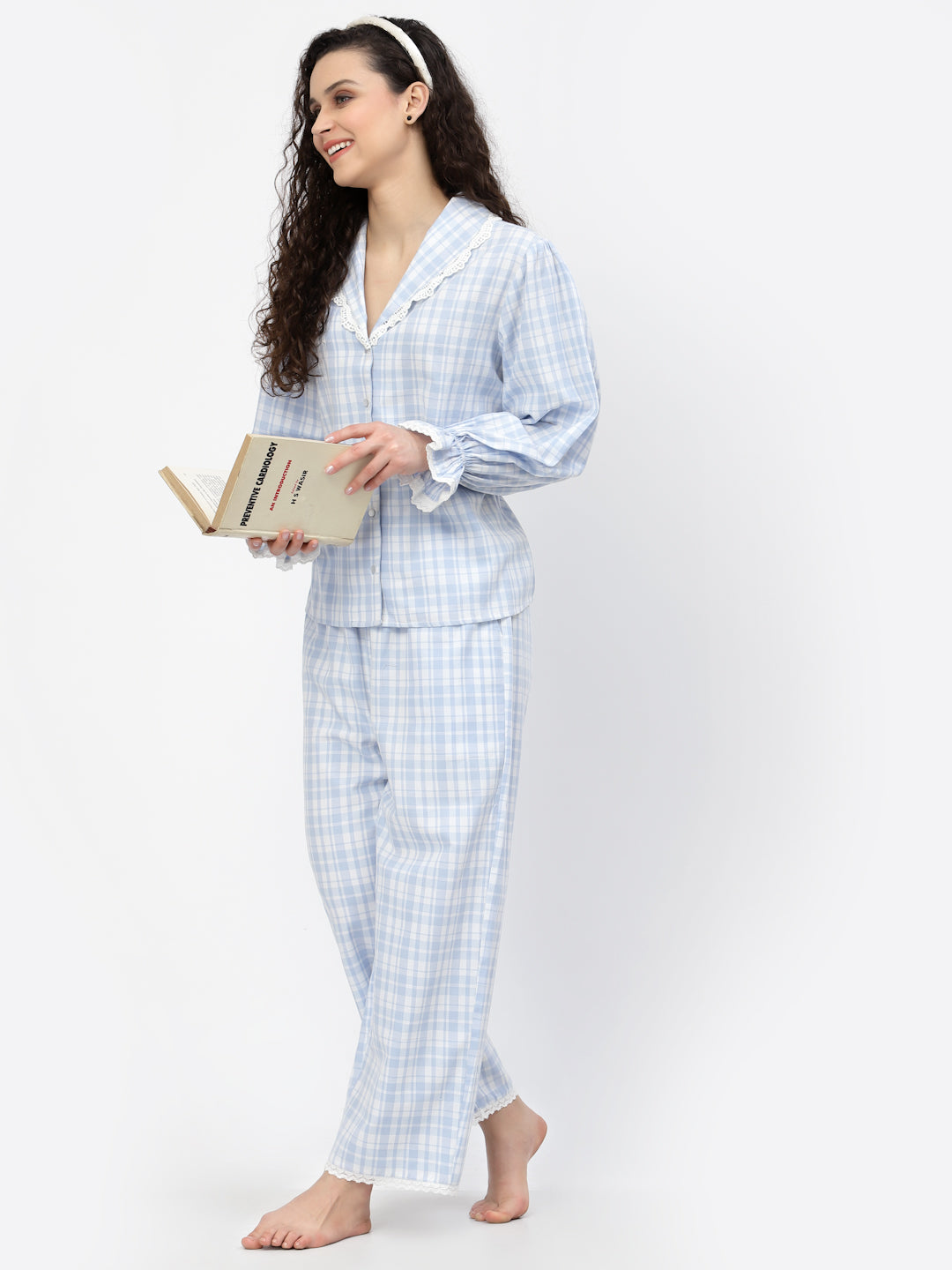 Blanc9 Blue And White Check Cotton Pyjama Set-B9NW79
