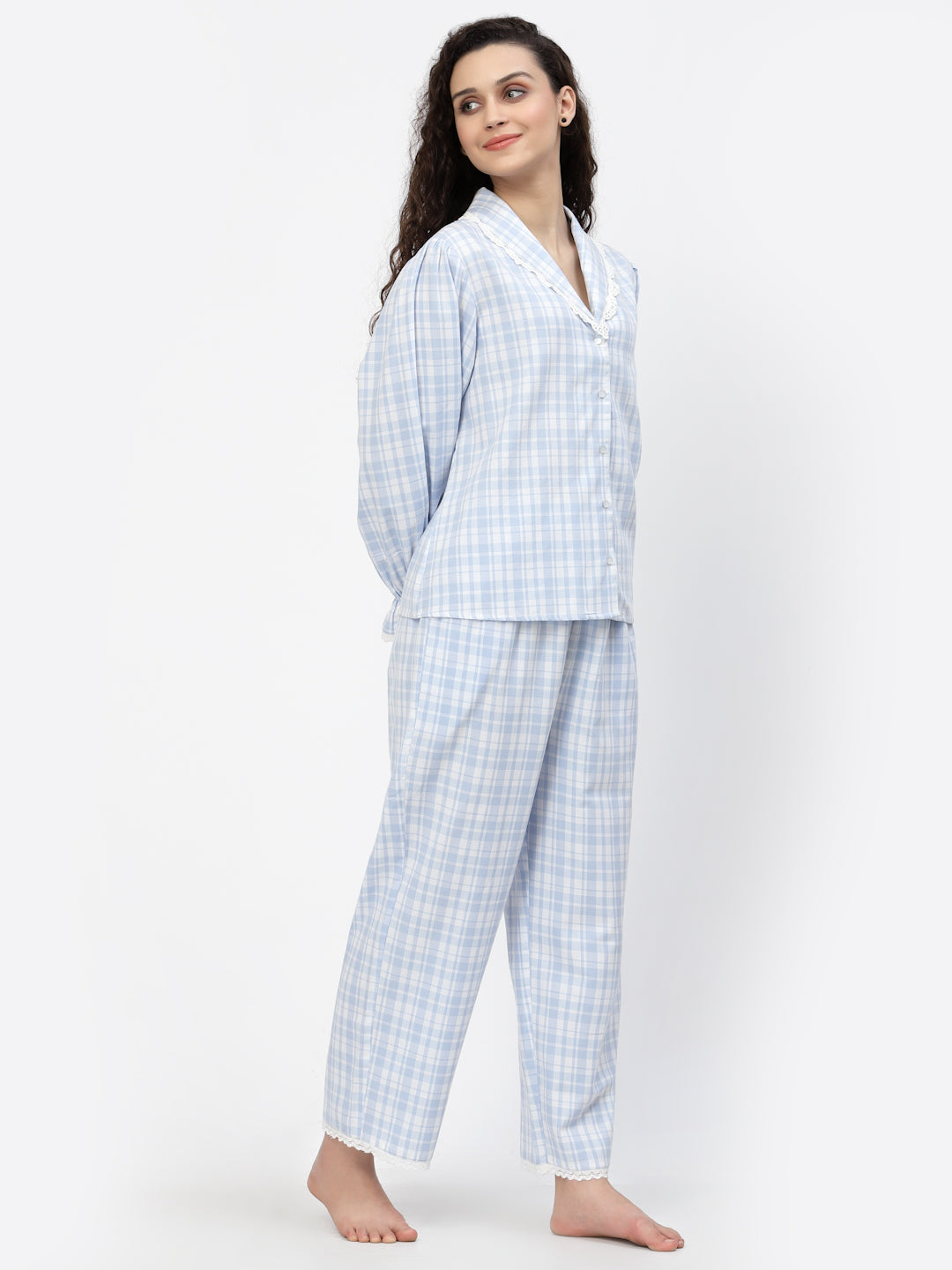Blanc9 Blue And White Check Cotton Pyjama Set-B9NW79