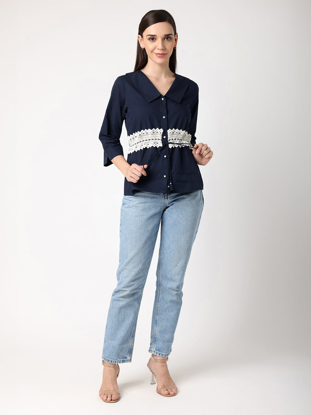 Blanc9 Blue Collar Top With Lace at Waist