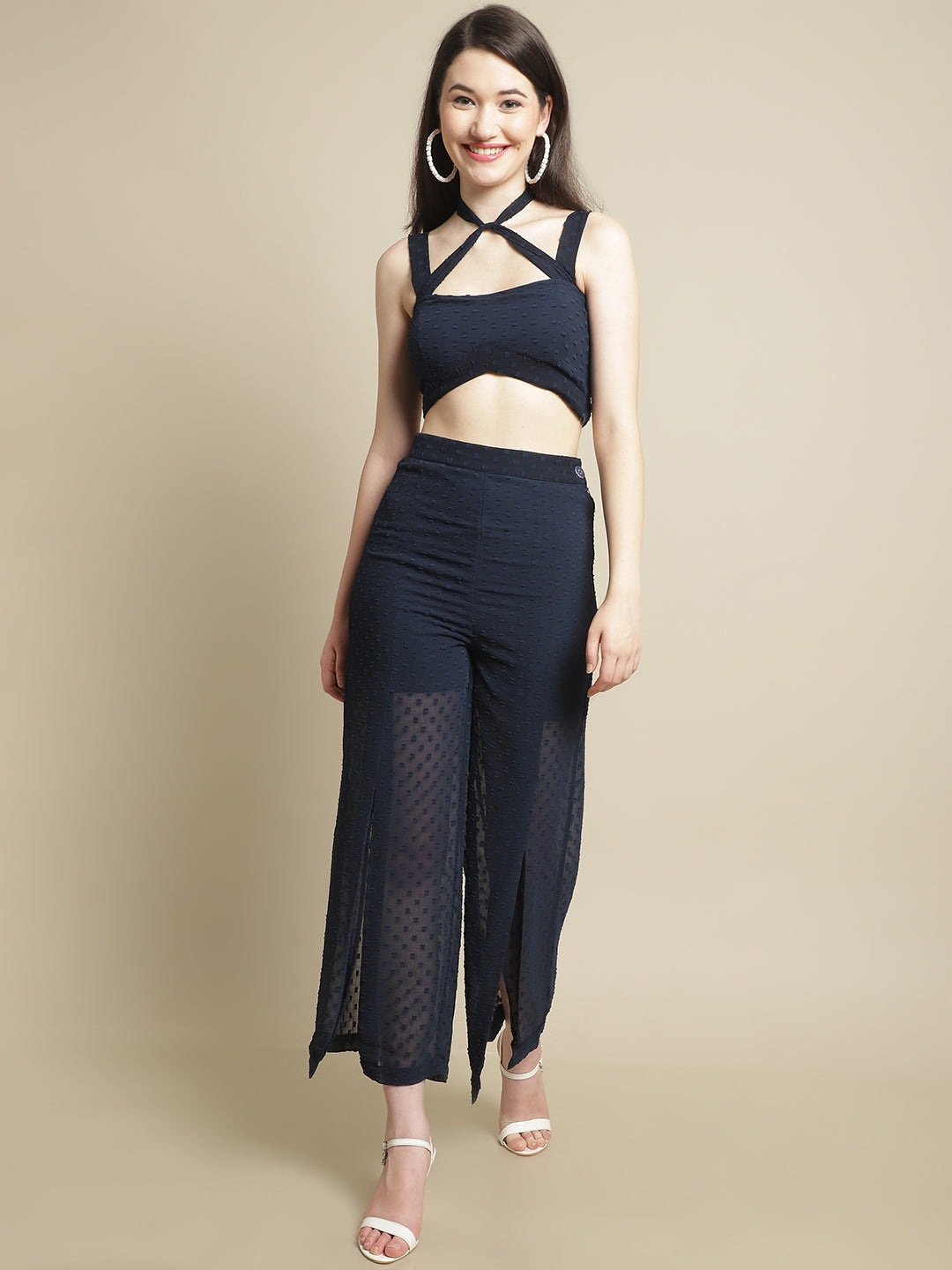 Blanc9 Blue Criss-Cross Crop Top With Slit Trouser-B9ST122