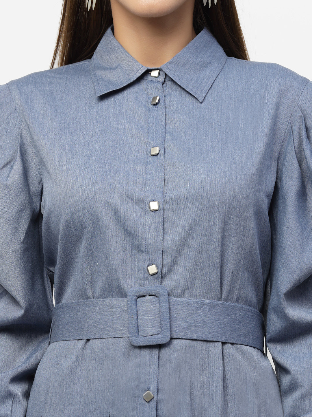 Blanc9 Blue Denim Puffed Sleeve Collar Dress-B9DR117