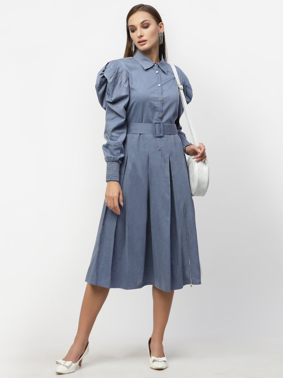Blanc9 Blue Denim Puffed Sleeve Collar Dress-B9DR117