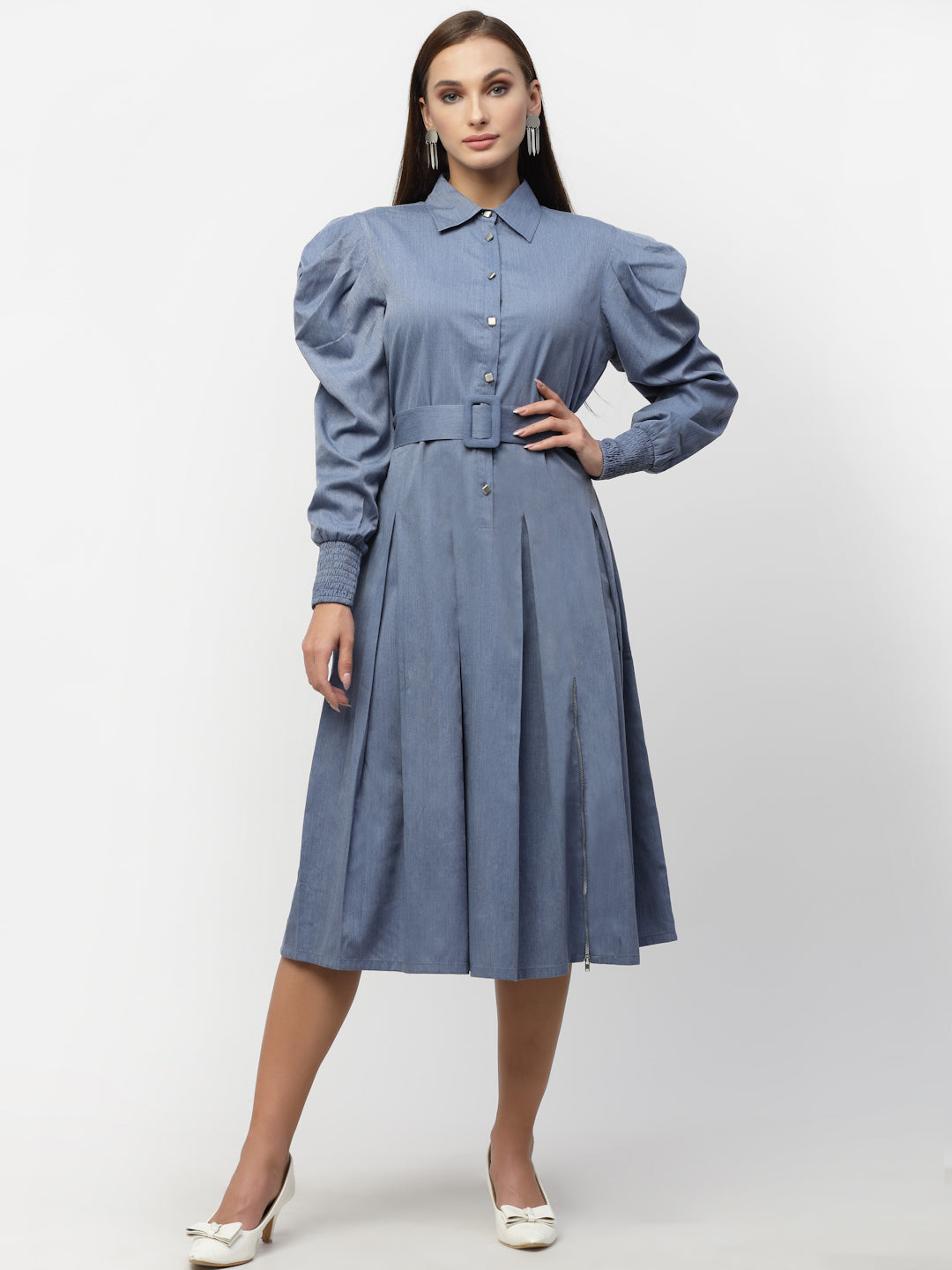 Blanc9 Blue Denim Puffed Sleeve Collar Dress-B9DR117