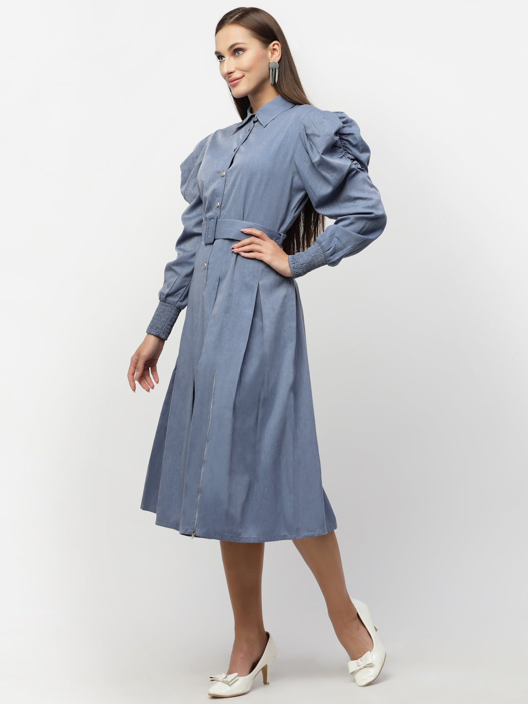 Blanc9 Blue Denim Puffed Sleeve Collar Dress-B9DR117