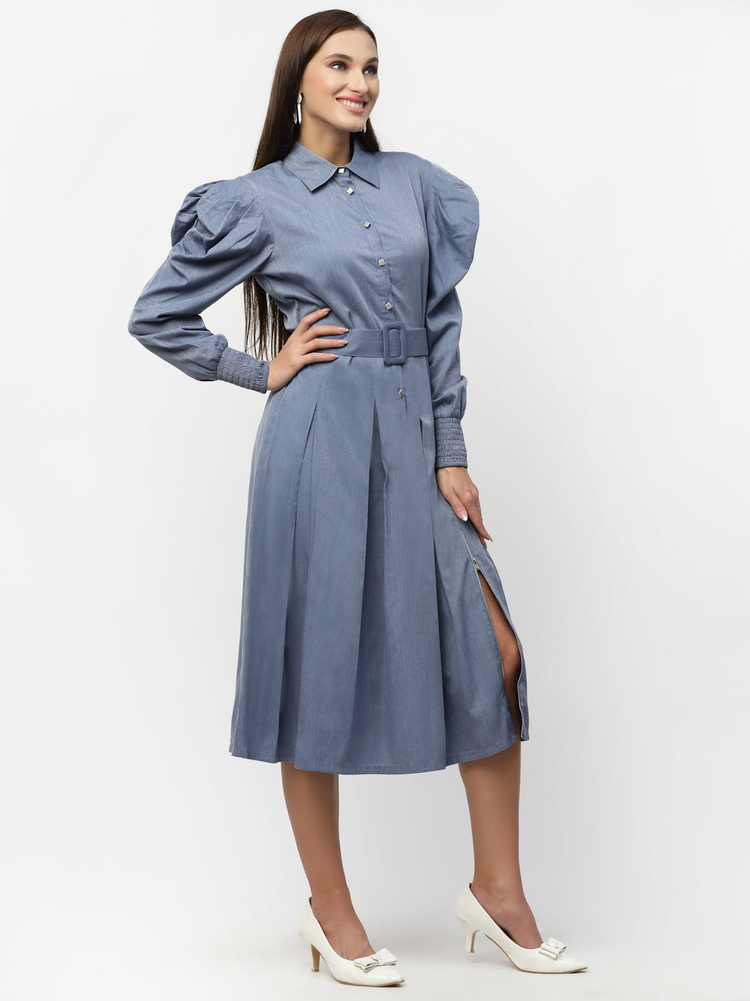 Blanc9 Blue Denim Puffed Sleeve Collar Dress-B9DR117