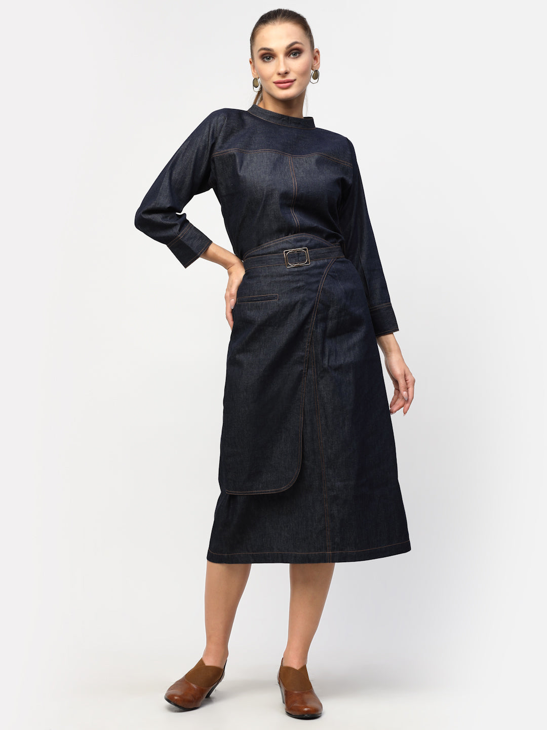 Blanc9 Blue Denim Top With Overlap Belt Skirt Co-Ord Set-B9ST62
