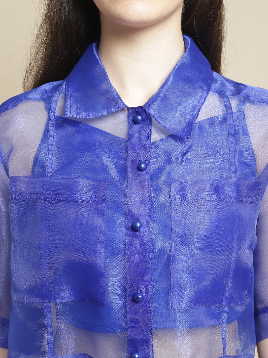 Blanc9 Blue Organza Shirt With Cami-B9TP167