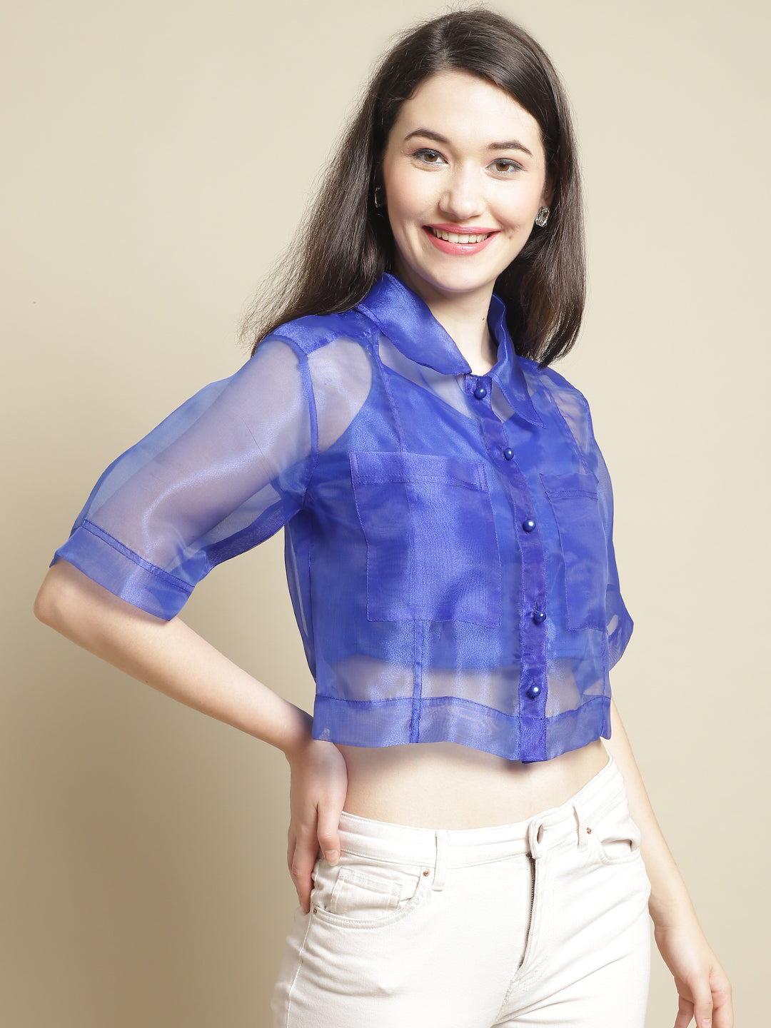 Blanc9 Blue Organza Shirt With Cami-B9TP167