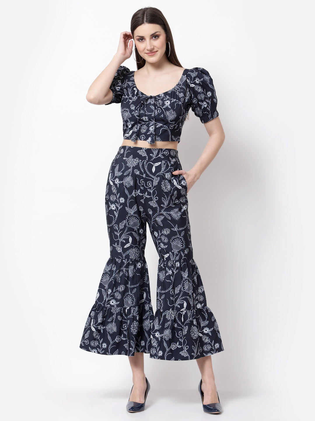 Blanc9 Blue Printed Crop Top With Skirt Set-B9ST51