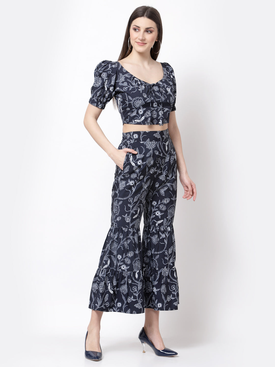 Blanc9 Blue Printed Crop Top With Skirt Set-B9ST51