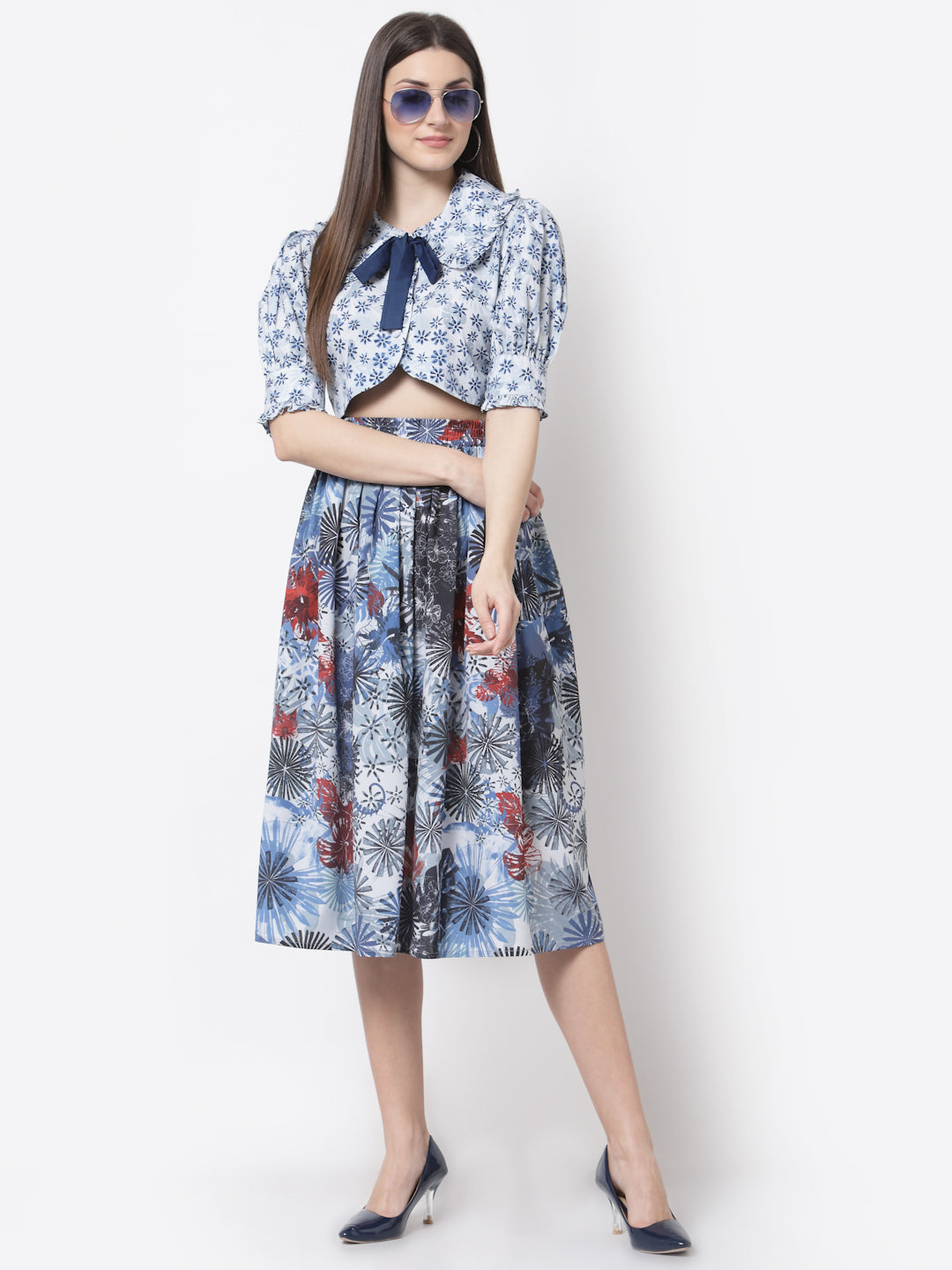 Blanc9 Blue Printed Crop Top With Skirt Set-B9ST69