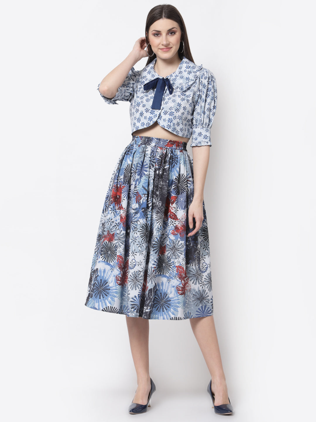 Blanc9 Blue Printed Crop Top With Skirt Set-B9ST69