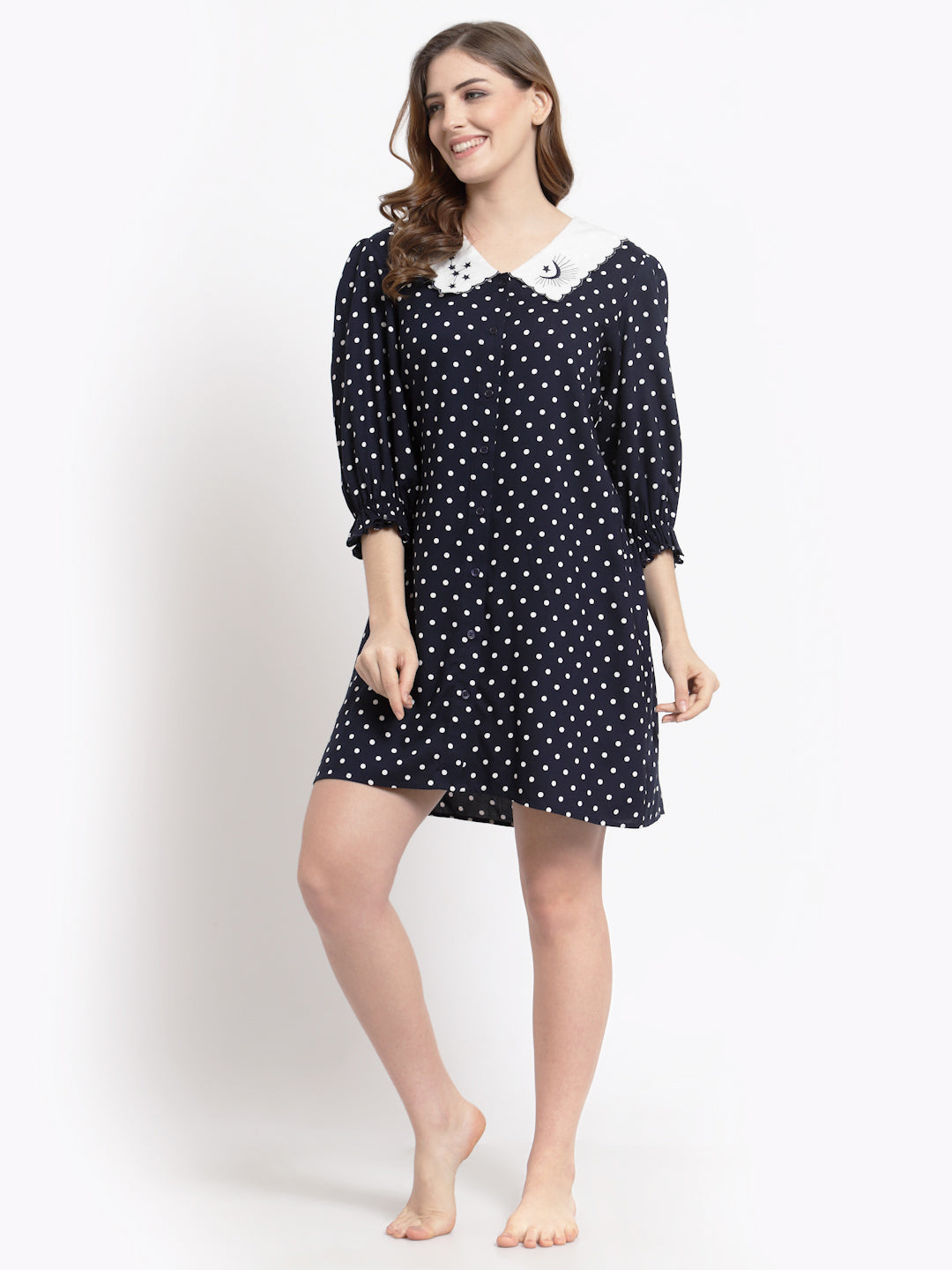 Blanc9 Blue & White Dots Night Dress-B9NW45