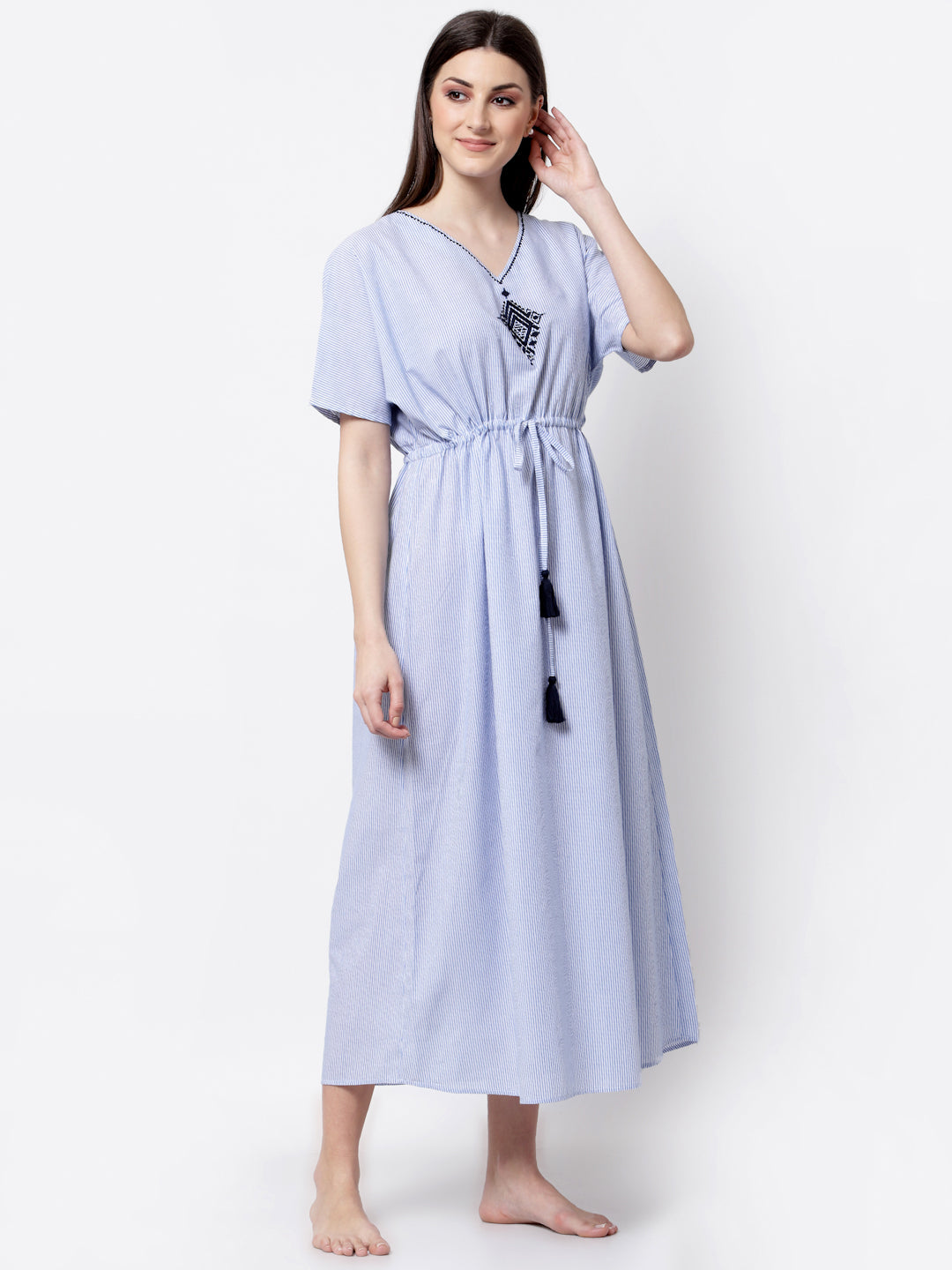Blanc9 Blue & White Striped Night Gown-B9NW164A.