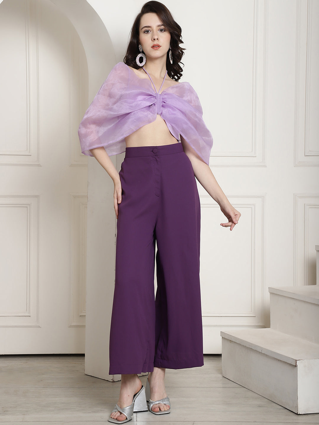 Blanc9 Bow Halter Neck Top In Organza With Trouser-B9ST136