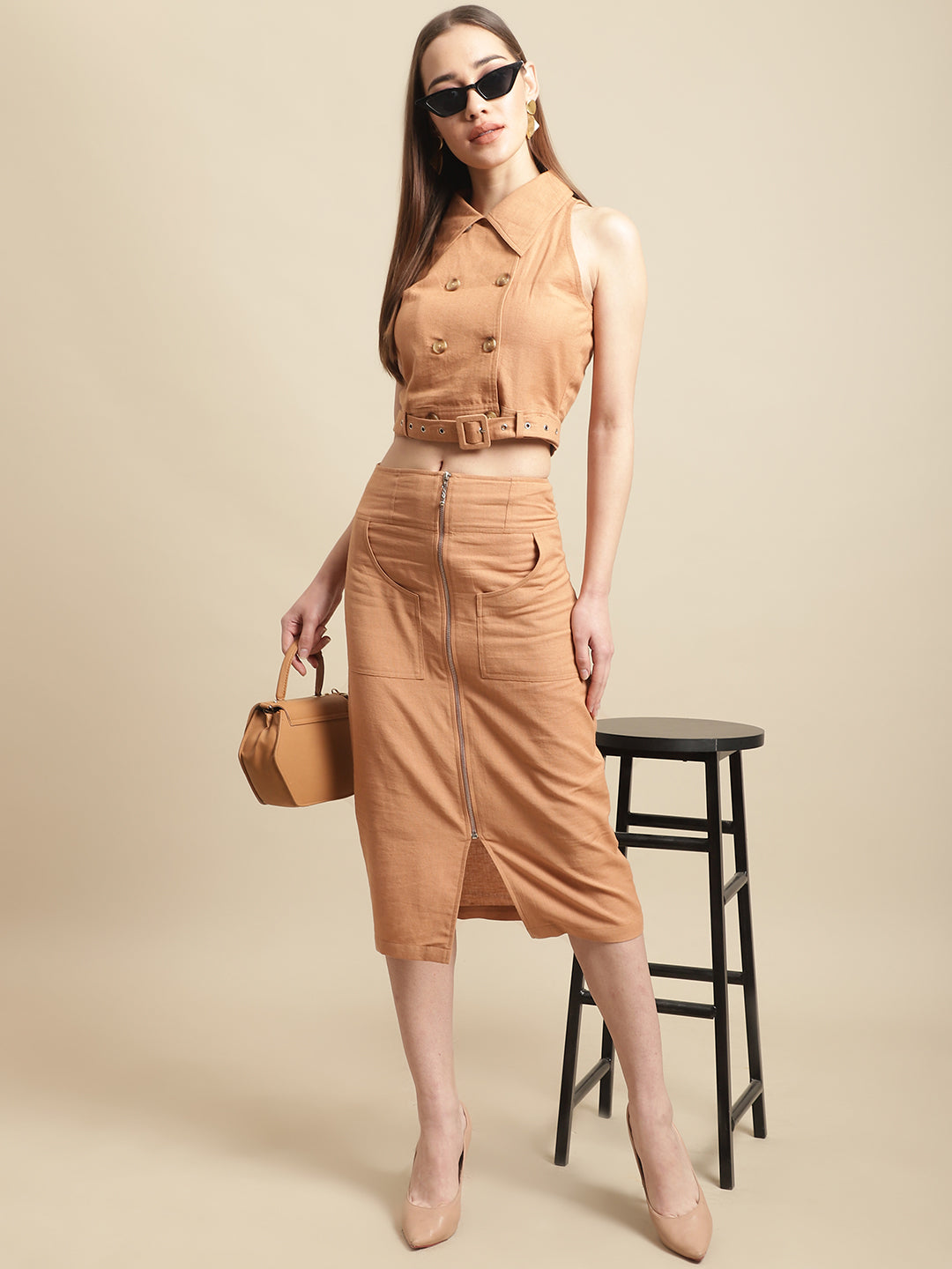 Blanc9 Brown Overlap Shirt With Skirt Co-Ord Set-B9ST104