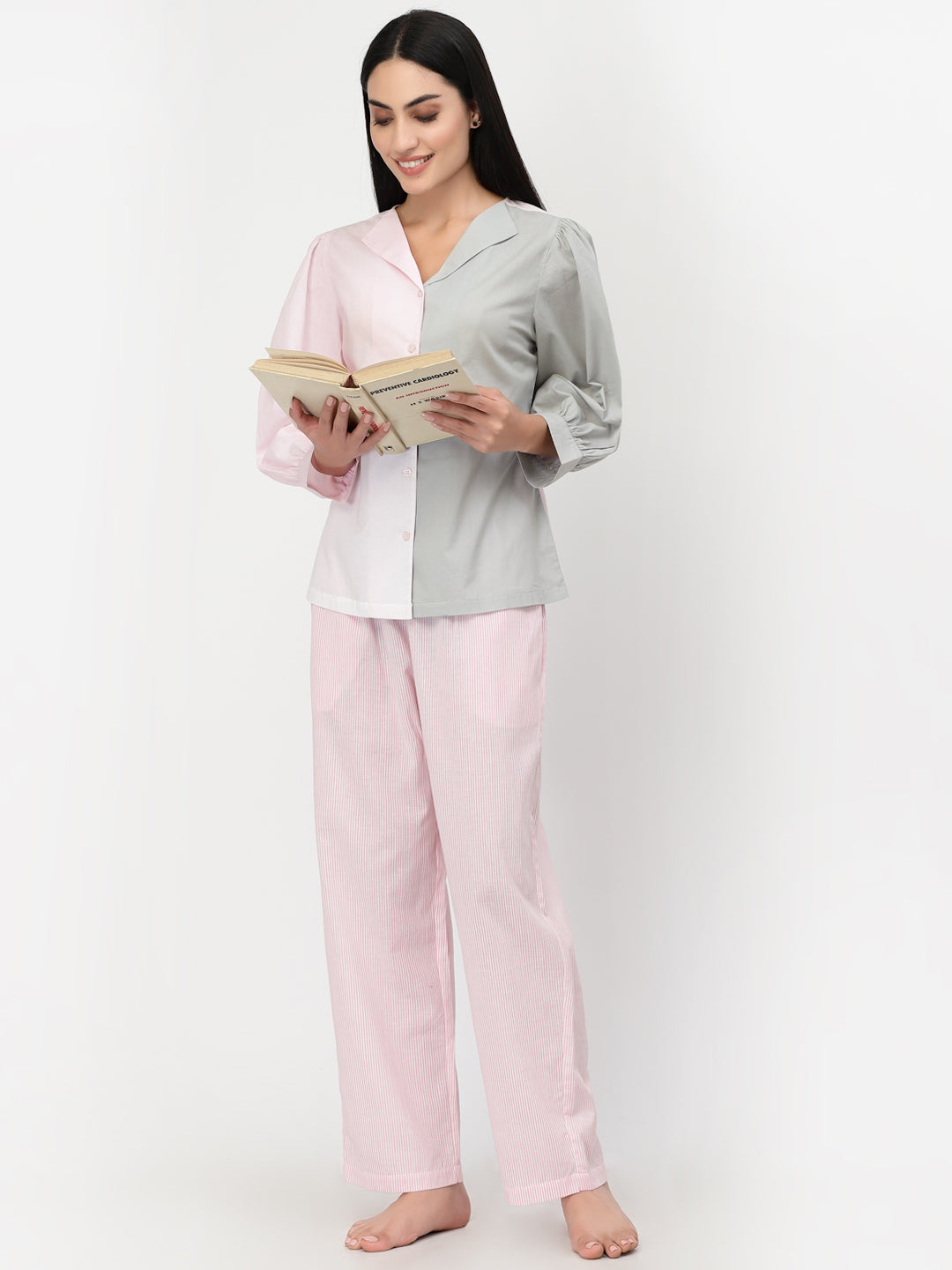 Blanc9 Colour Blocking Cotton Top With Pyjama Set-B9NW73